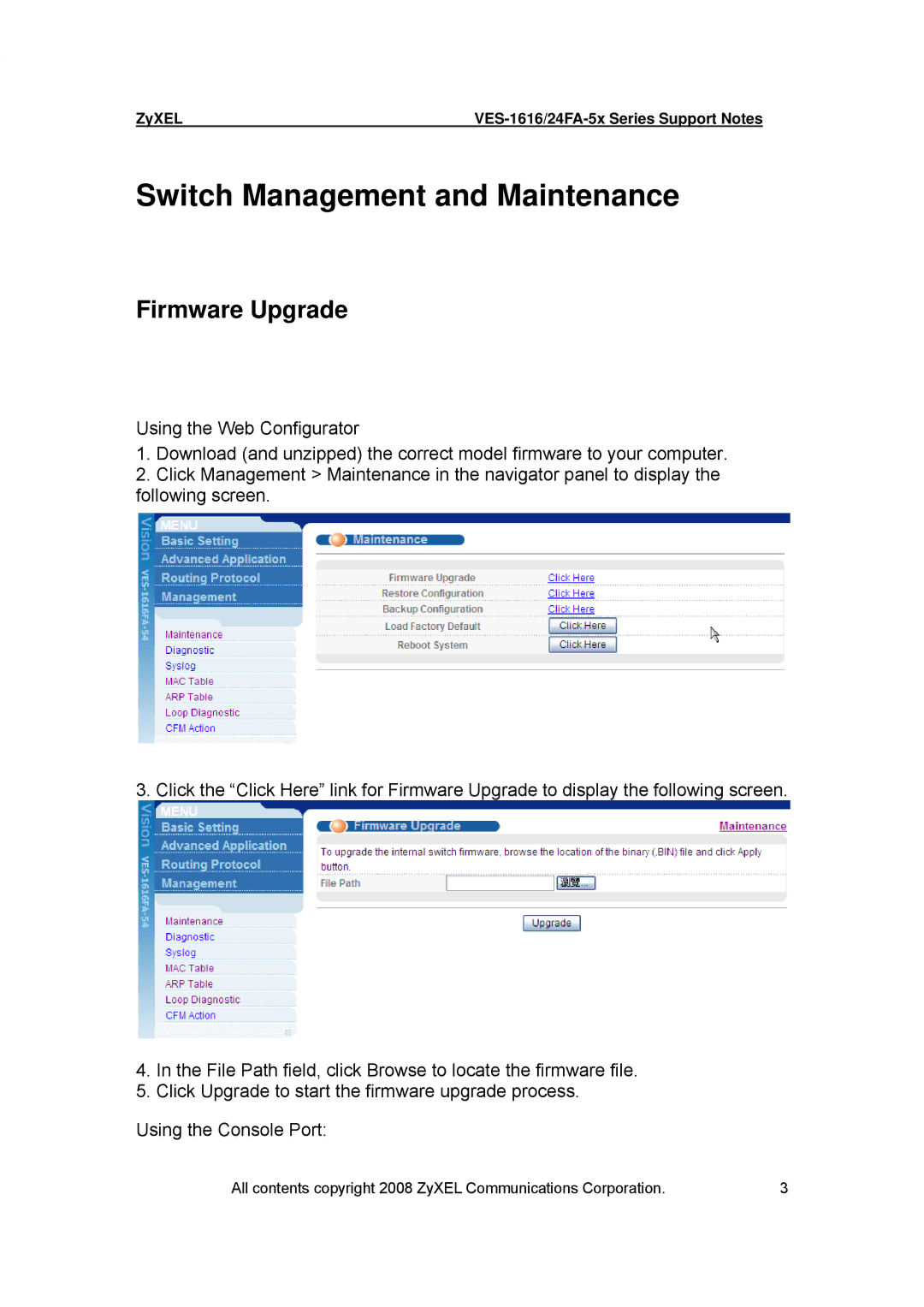 ZyXEL Communications VES-1616 manual Switch Management and Maintenance, Firmware Upgrade 