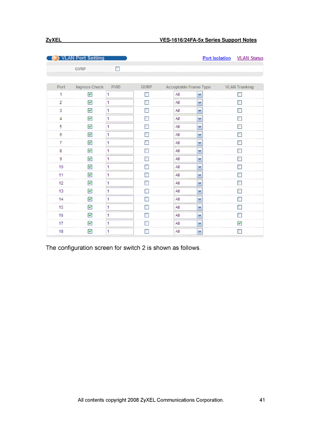 ZyXEL Communications VES-1616 manual Configuration screen for switch 2 is shown as follows 