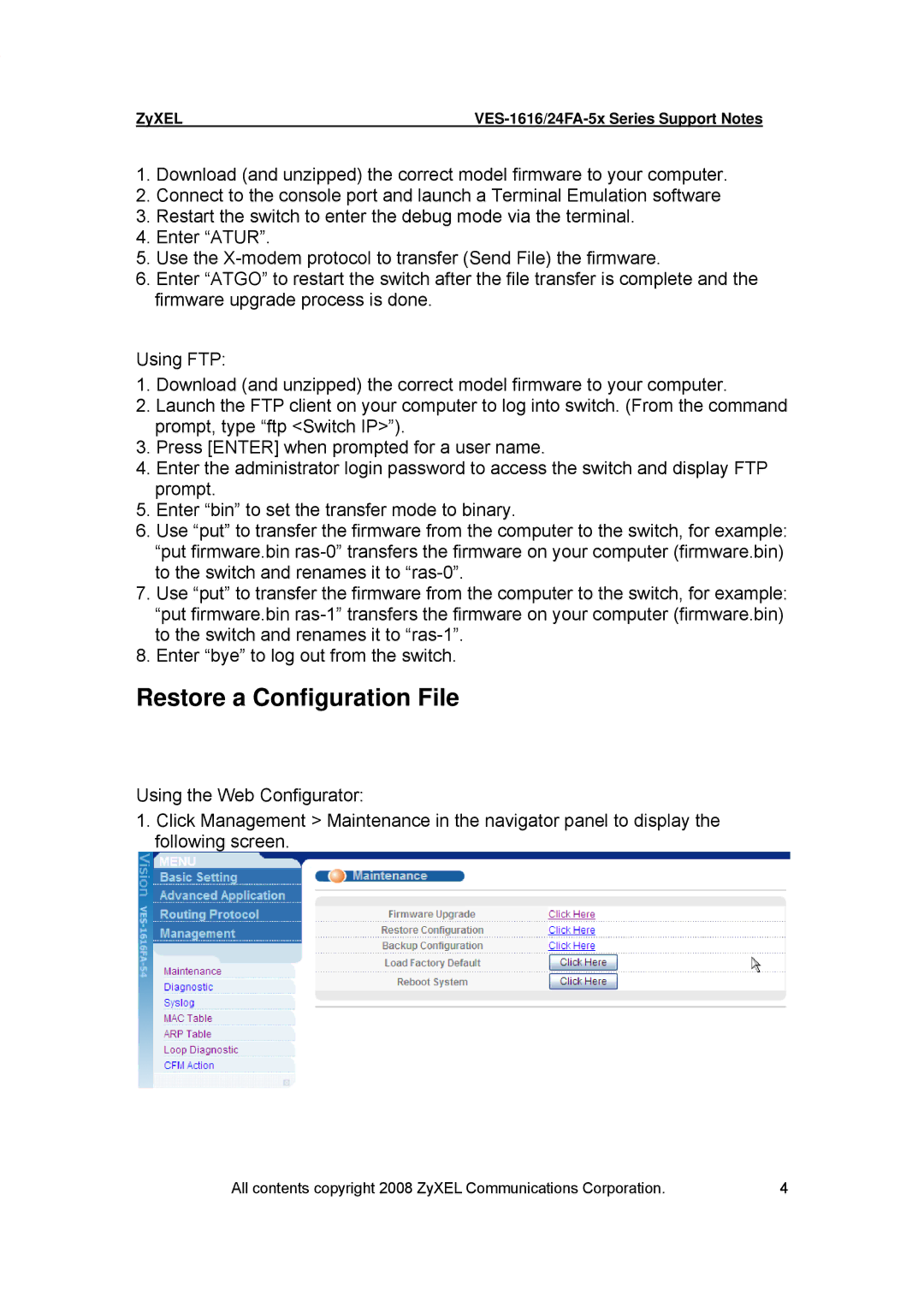 ZyXEL Communications VES-1616 manual Restore a Configuration File 