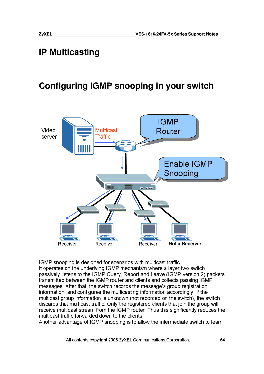 ZyXEL Communications VES-1616 manual IP Multicasting Configuring Igmp snooping in your switch 