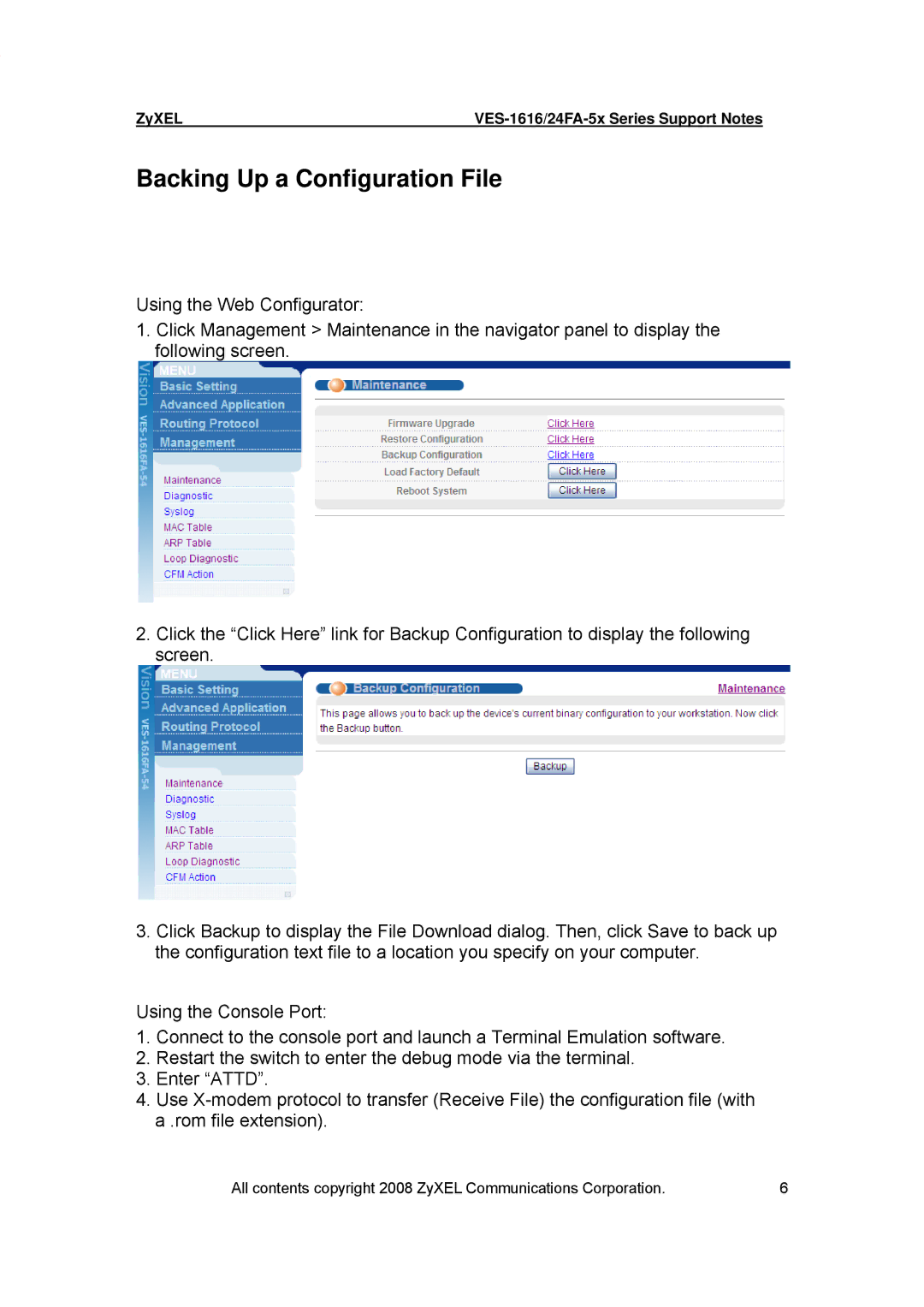 ZyXEL Communications VES-1616 manual Backing Up a Configuration File 