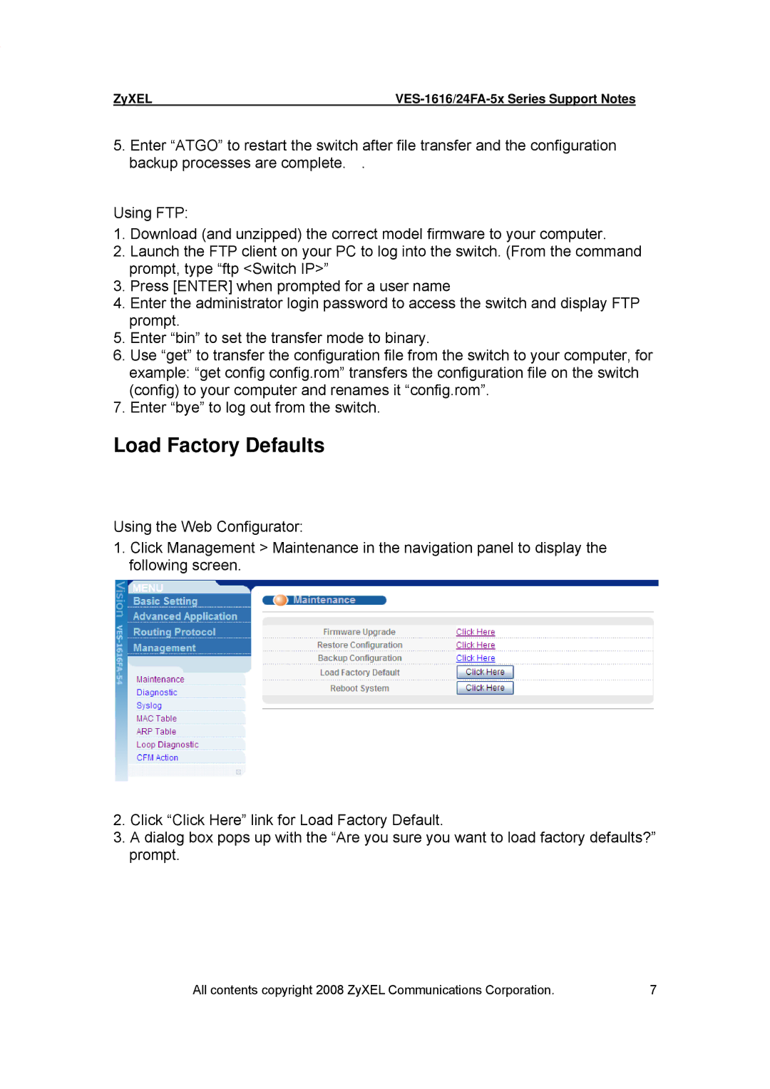 ZyXEL Communications VES-1616 manual Load Factory Defaults 