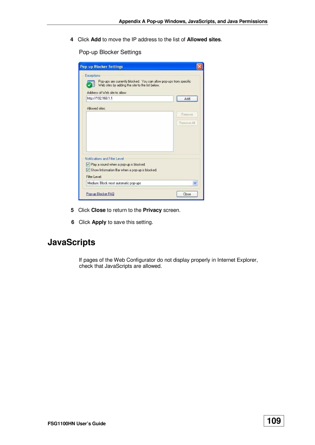 ZyXEL Communications wireless active fiber router manual JavaScripts, 109, Pop-up Blocker Settings 