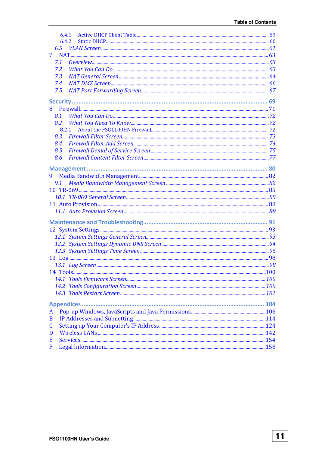 ZyXEL Communications wireless active fiber router manual 104 