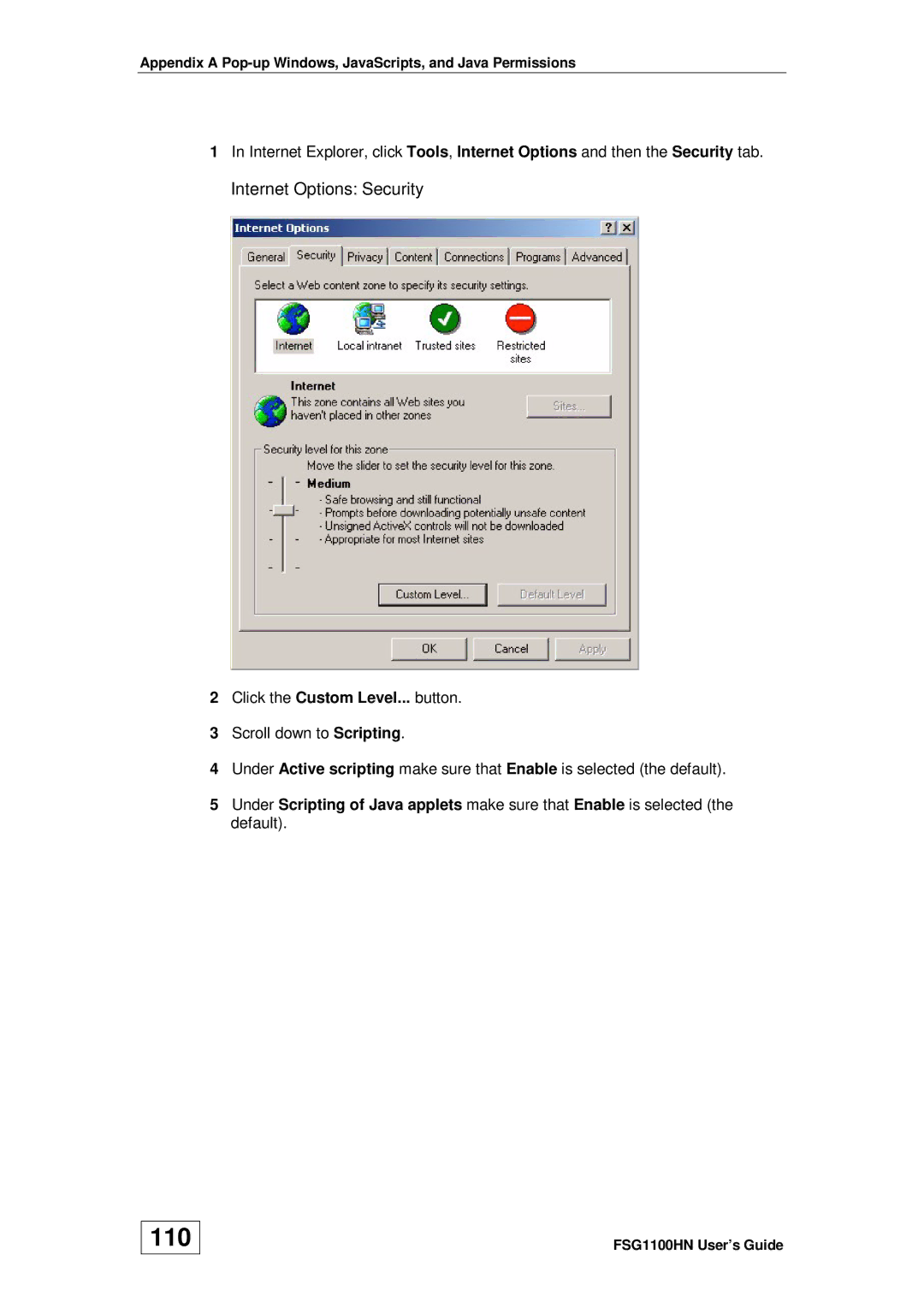 ZyXEL Communications wireless active fiber router manual 110, Internet Options Security 