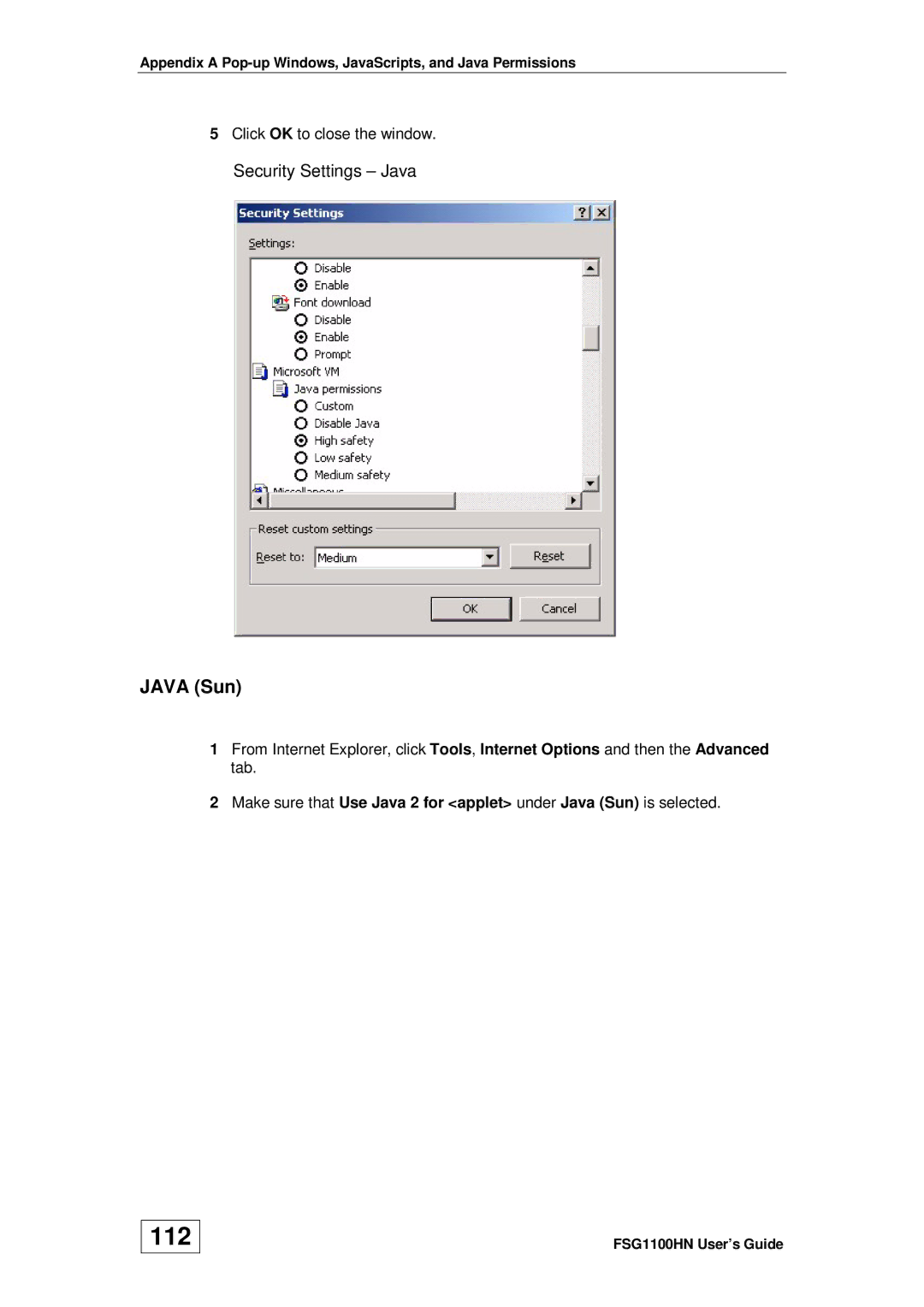 ZyXEL Communications wireless active fiber router manual 112, Java Sun, Security Settings Java 