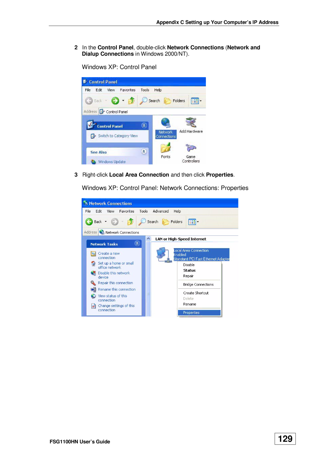 ZyXEL Communications wireless active fiber router manual 129, Windows XP Control Panel 