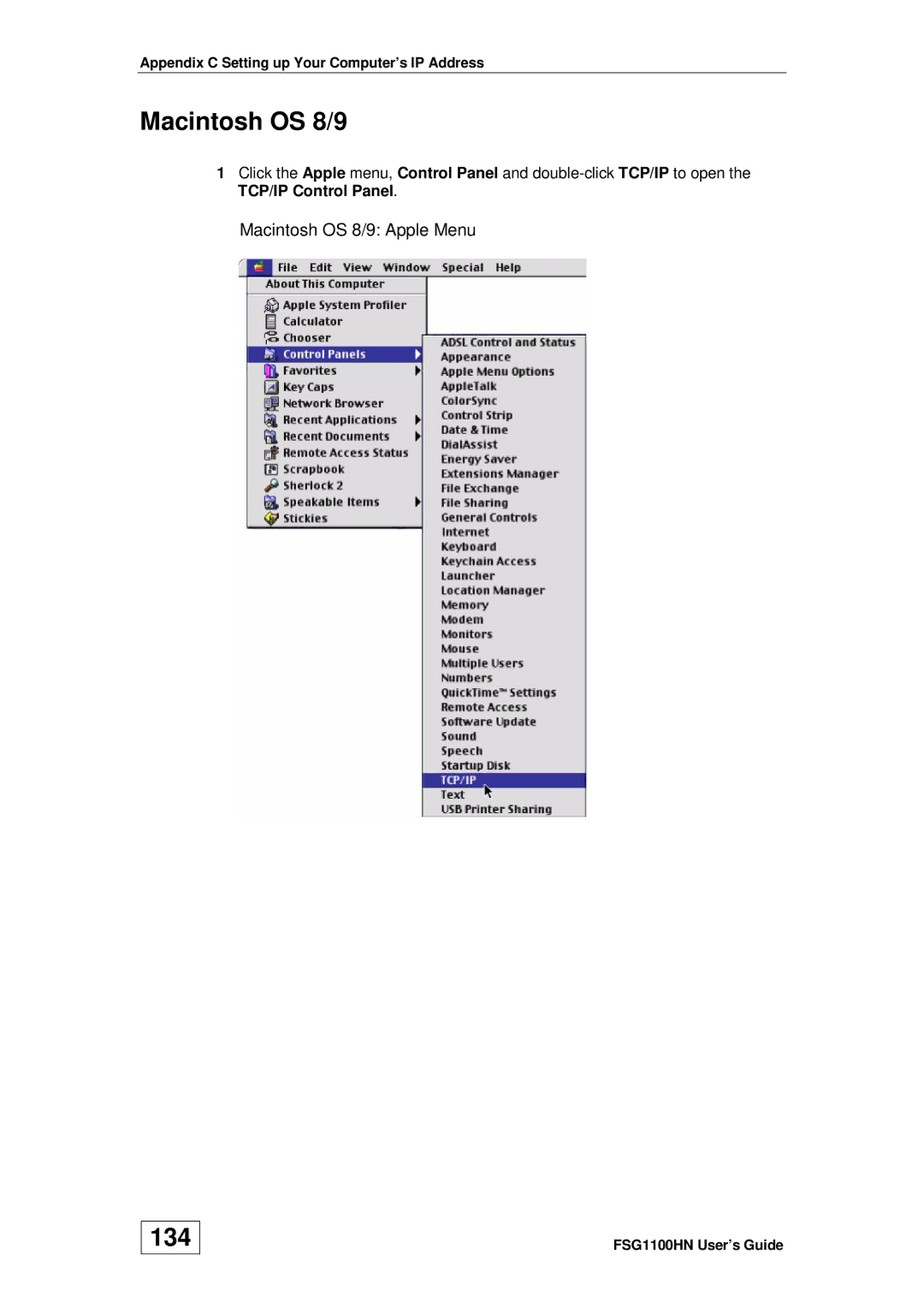 ZyXEL Communications wireless active fiber router manual 134, Macintosh OS 8/9 Apple Menu 