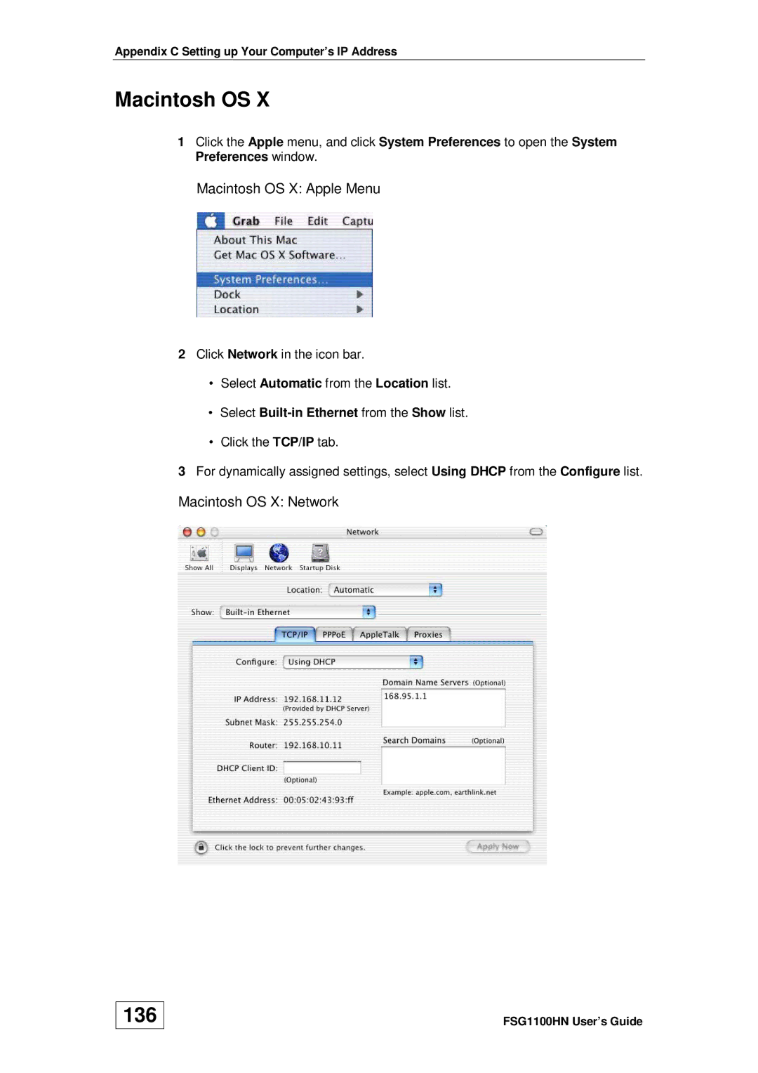 ZyXEL Communications wireless active fiber router manual 136, Macintosh OS X Apple Menu, Macintosh OS X Network 