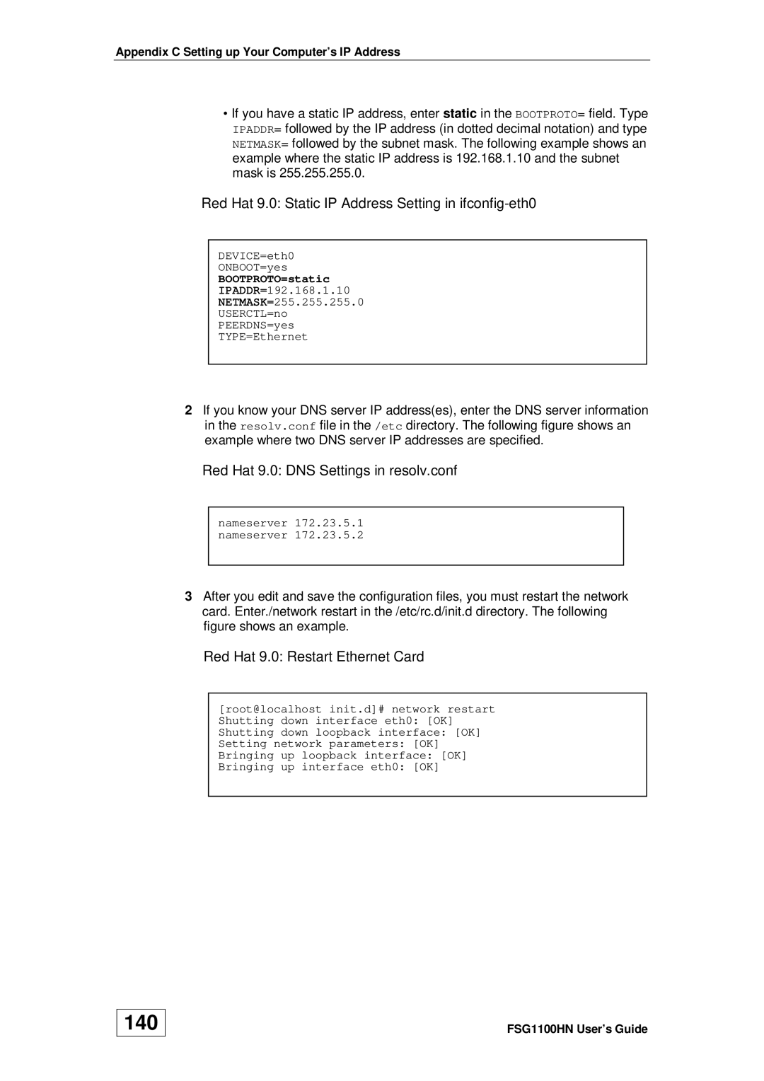 ZyXEL Communications wireless active fiber router manual 140, Red Hat 9.0 Static IP Address Setting in ifconfig-eth0 