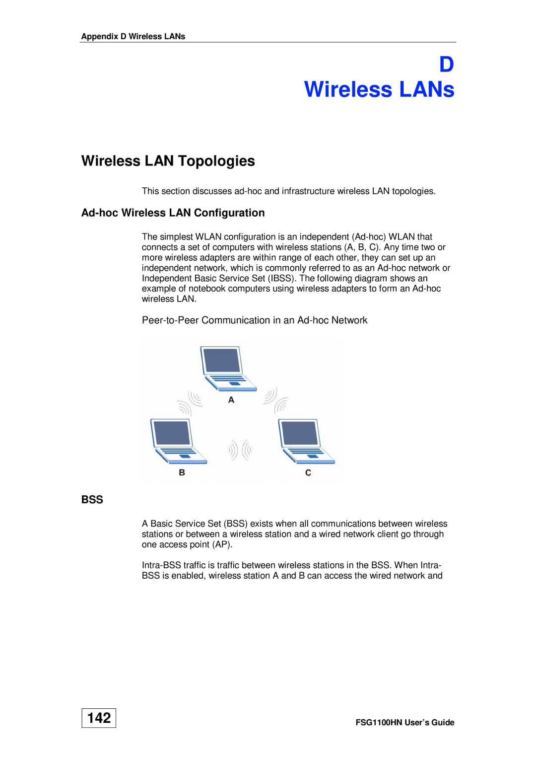 ZyXEL Communications wireless active fiber router manual Wireless LANs, Wireless LAN Topologies, 142 