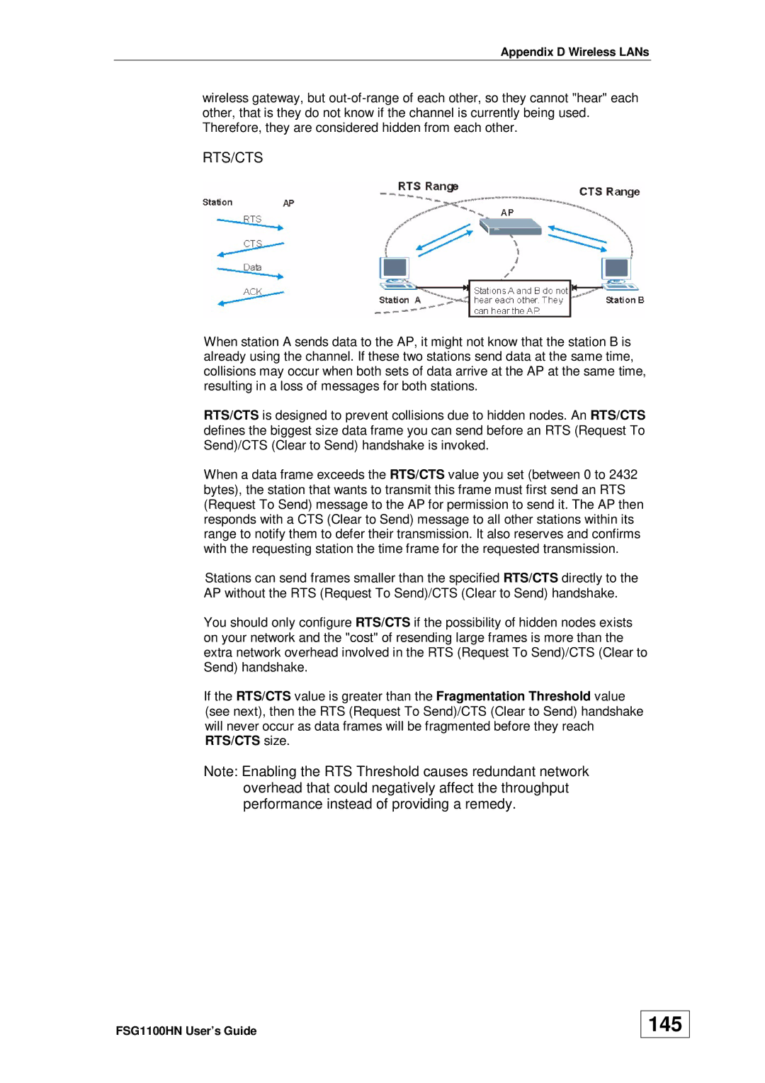 ZyXEL Communications wireless active fiber router manual 145, Rts/Cts 