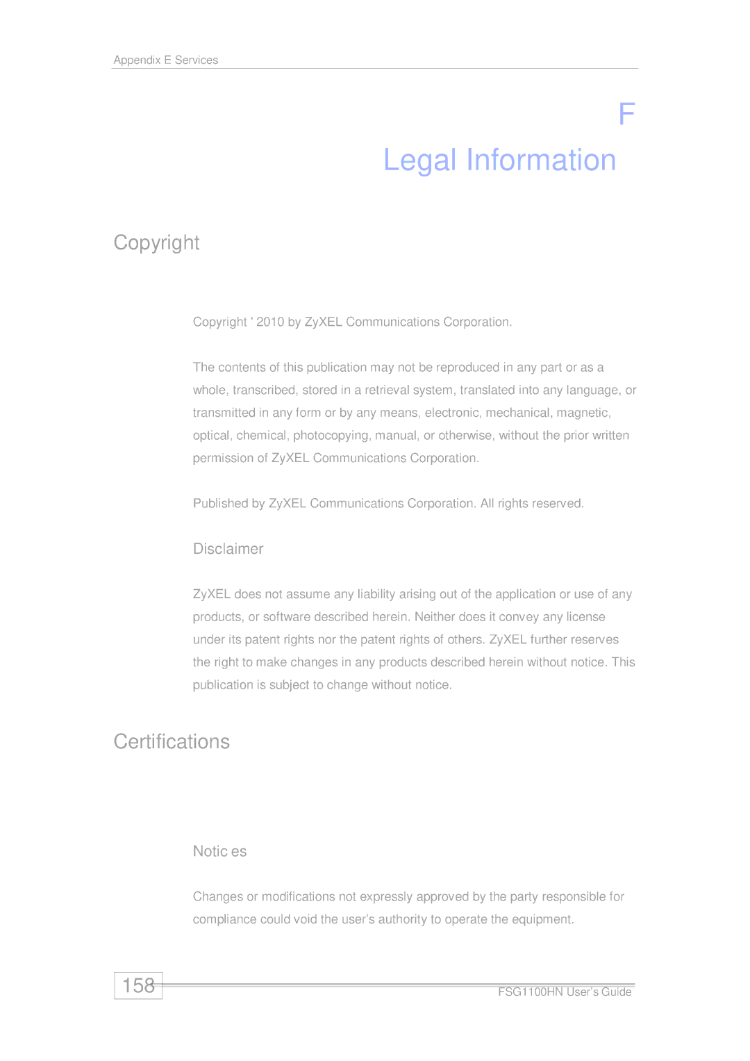 ZyXEL Communications wireless active fiber router manual Legal Information, Copyright, Certifications, 158, Disclaimer 