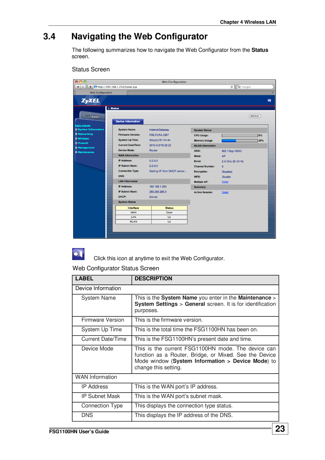 ZyXEL Communications wireless active fiber router manual Navigating the Web Configurator, Status Screen 