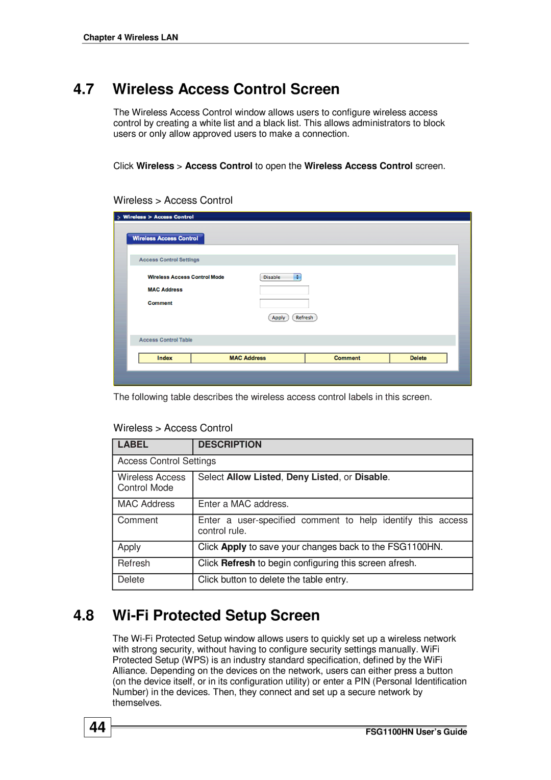 ZyXEL Communications wireless active fiber router manual Wireless Access Control Screen, Wi-Fi Protected Setup Screen 