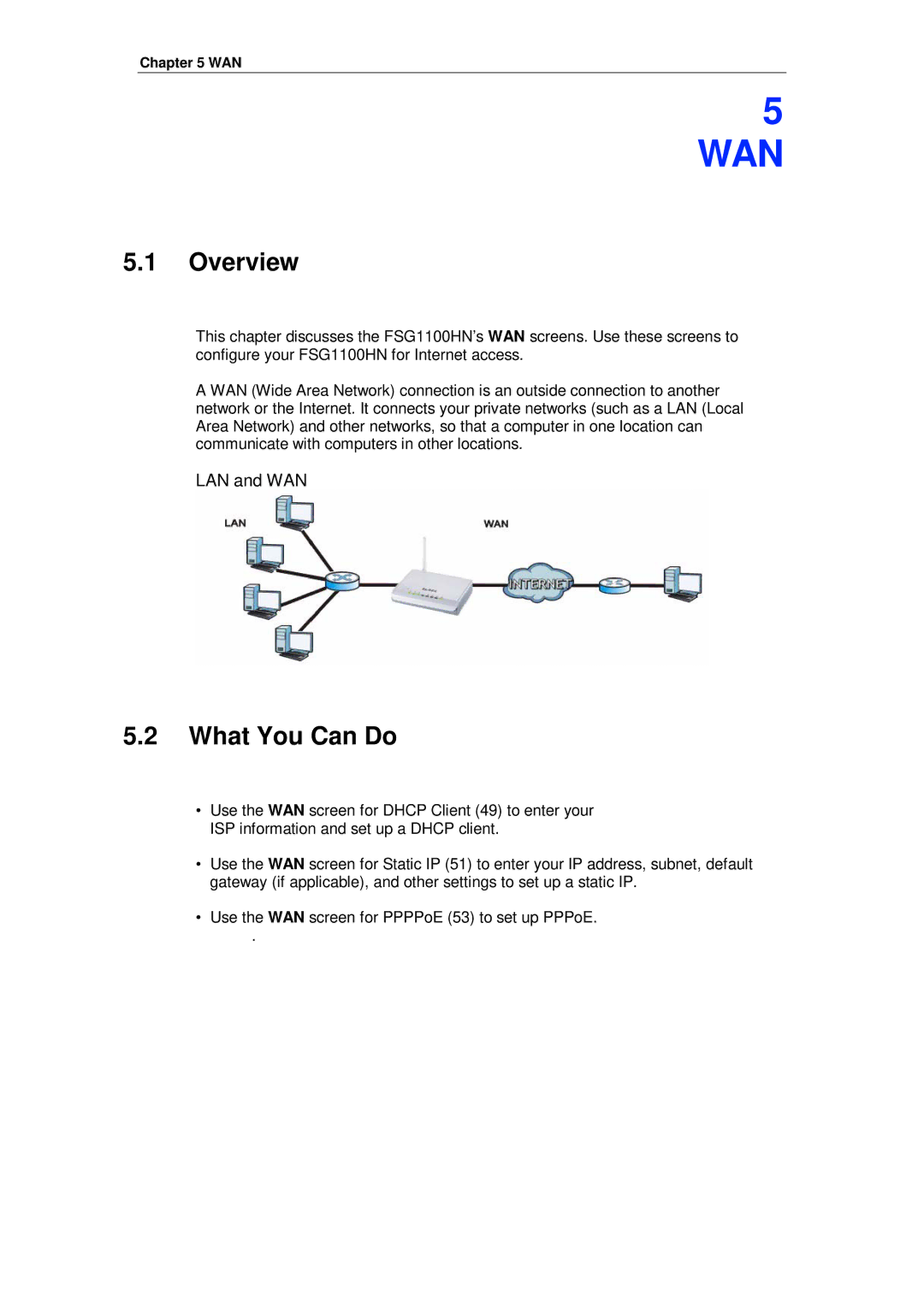 ZyXEL Communications wireless active fiber router manual Wan, LAN and WAN 