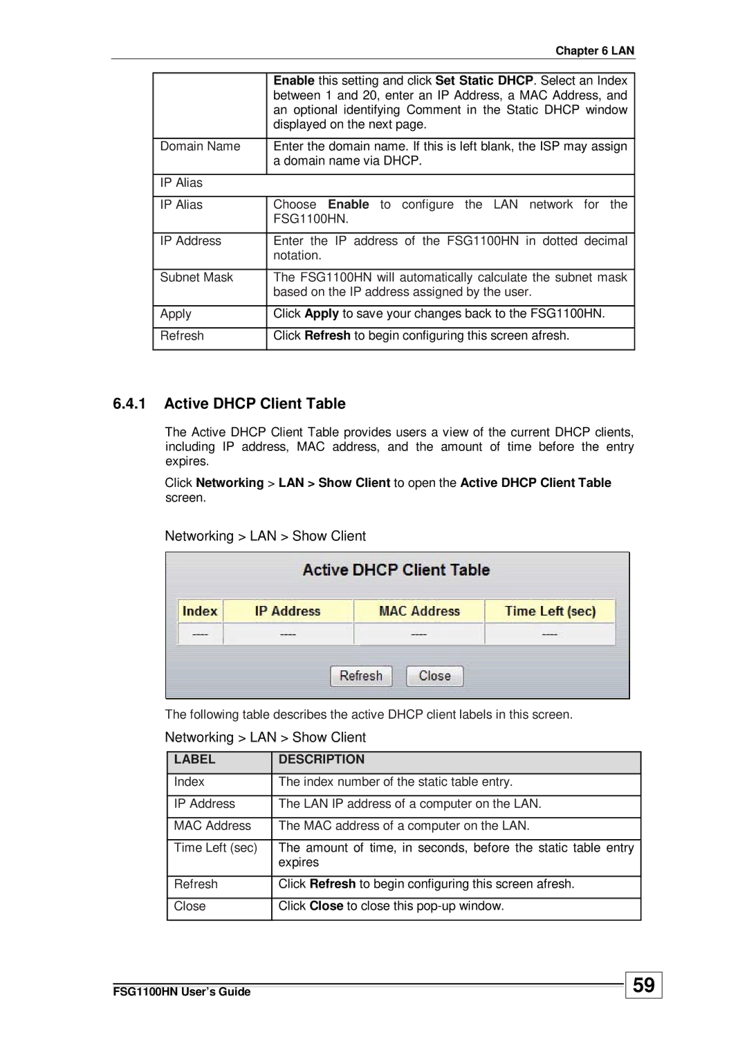 ZyXEL Communications wireless active fiber router manual Active Dhcp Client Table, Networking LAN Show Client 