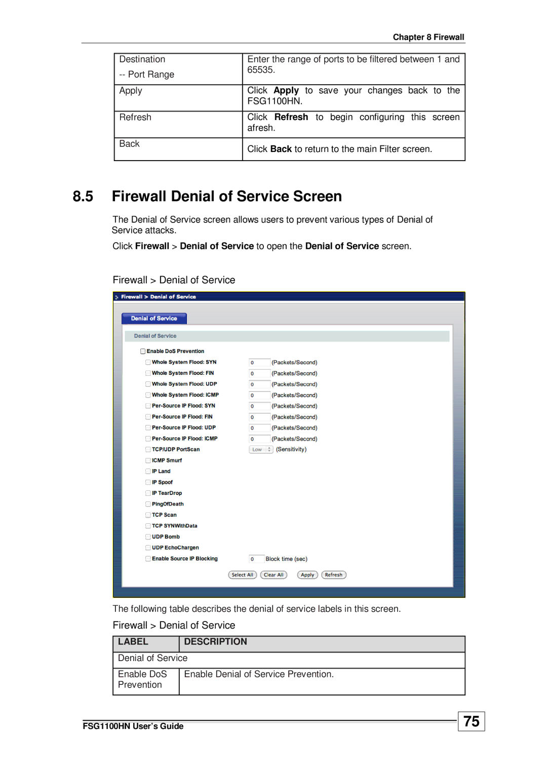 ZyXEL Communications wireless active fiber router manual Firewall Denial of Service Screen 