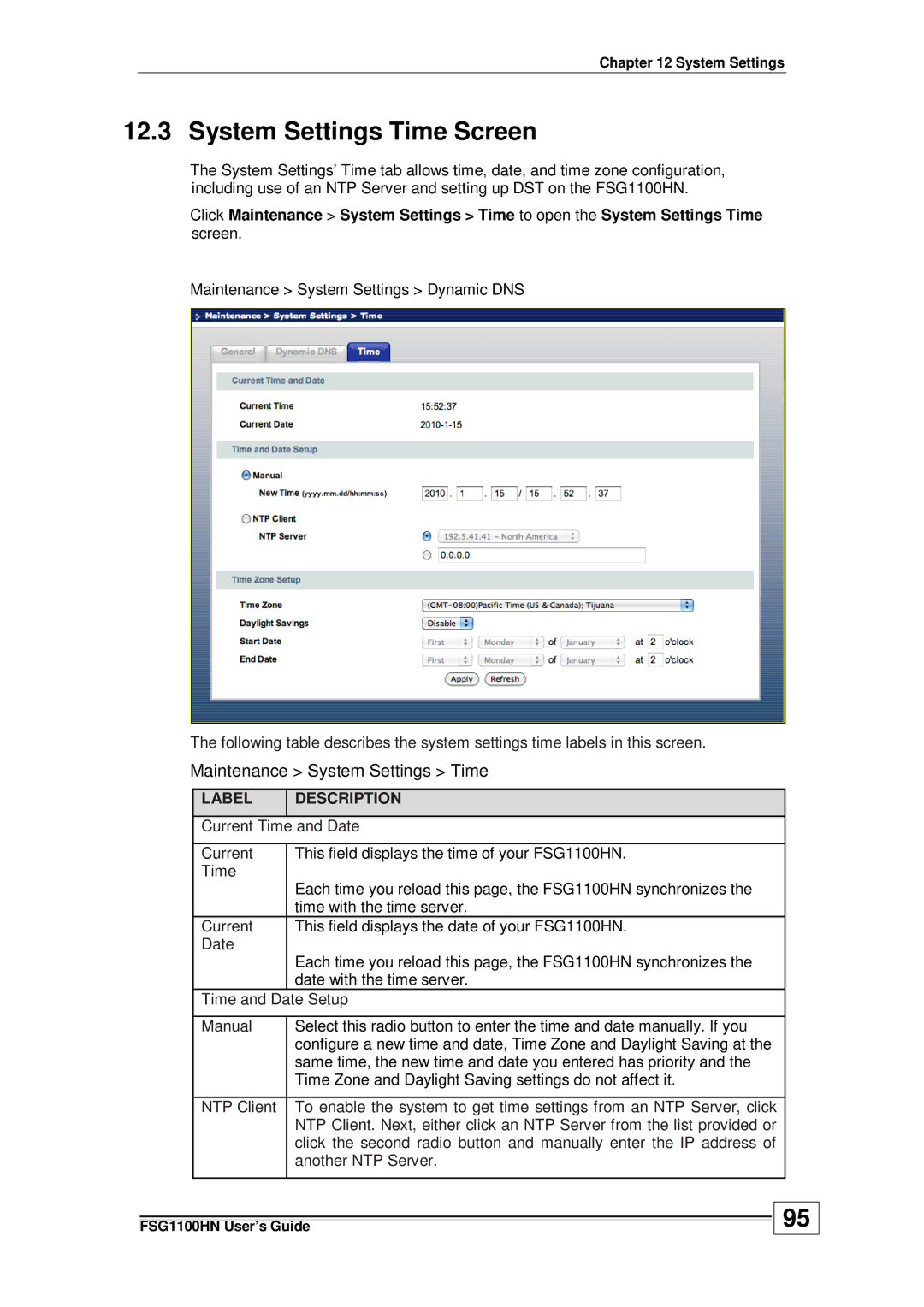 ZyXEL Communications wireless active fiber router manual System Settings Time Screen, Maintenance System Settings Time 