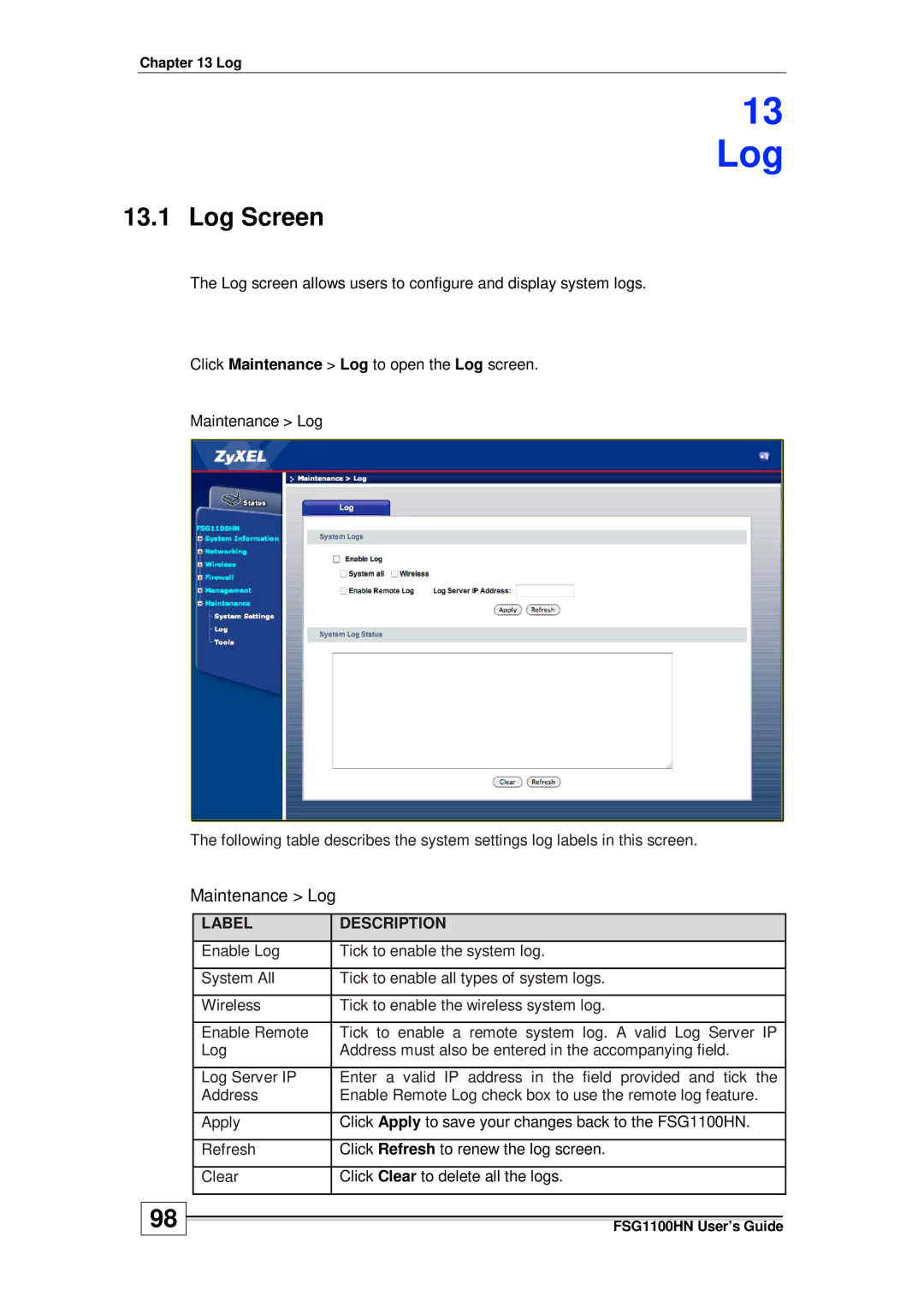 ZyXEL Communications wireless active fiber router manual 13 Log, Log Screen, Maintenance Log 