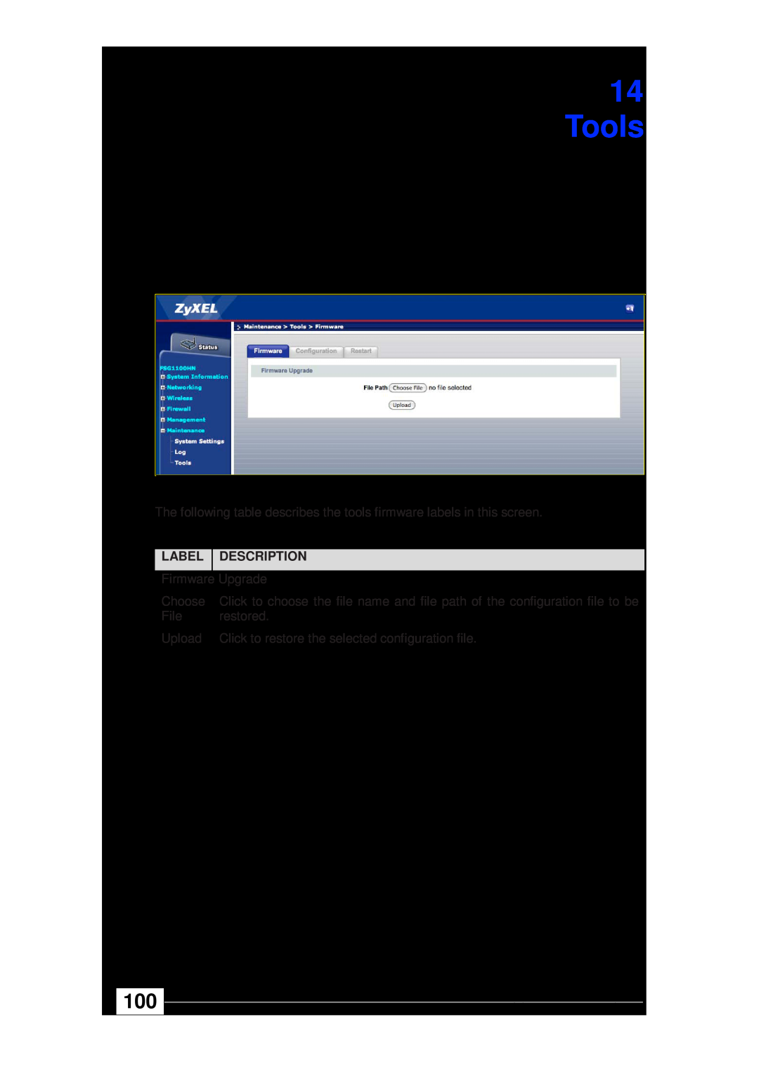 ZyXEL Communications wireless active fiber router Tools Firmware Screen, Tools Configuration Screen, Label Description 