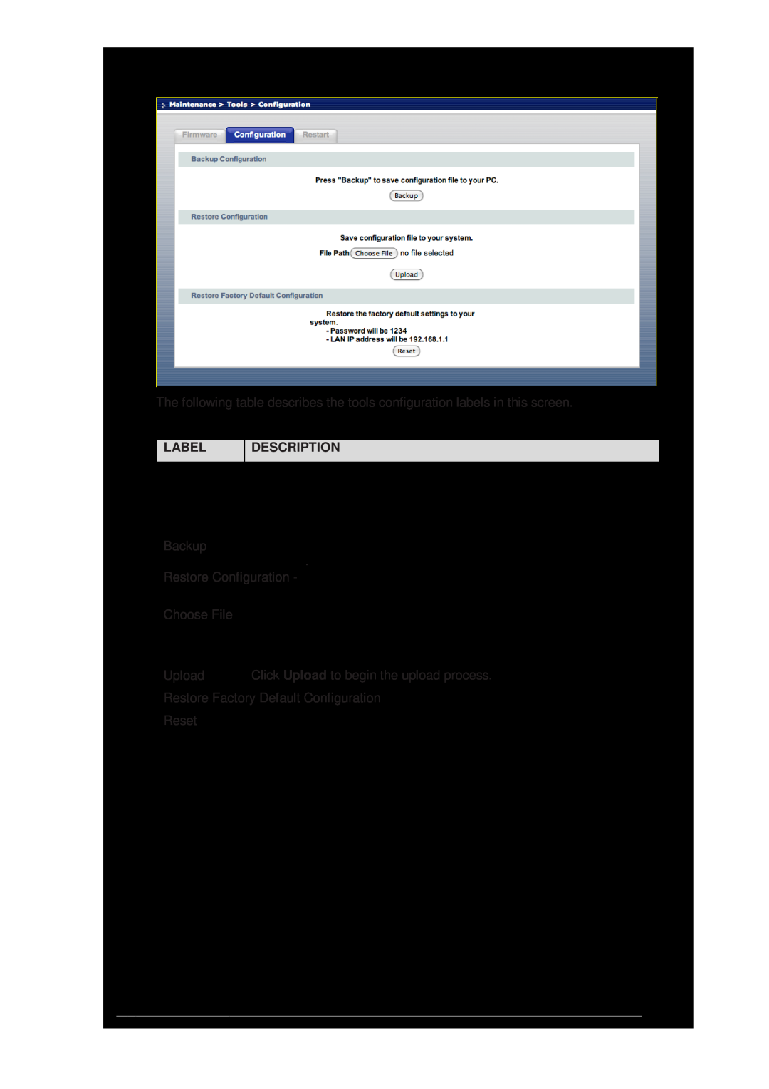 ZyXEL Communications wireless active fiber router manual Tools Restart Screen, Label, Description 