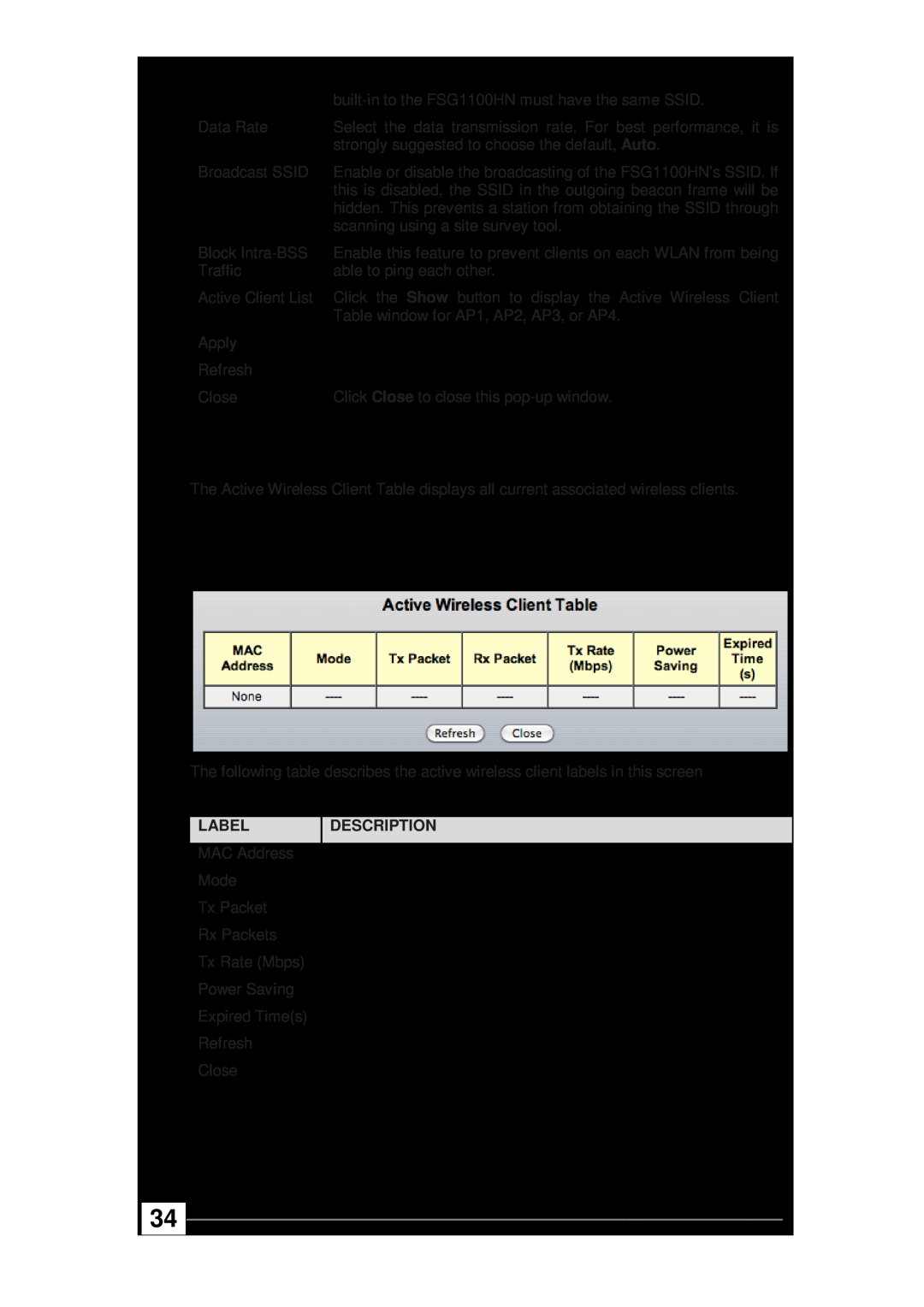 ZyXEL Communications wireless active fiber router manual Active Wireless Client Table, Label, Description 