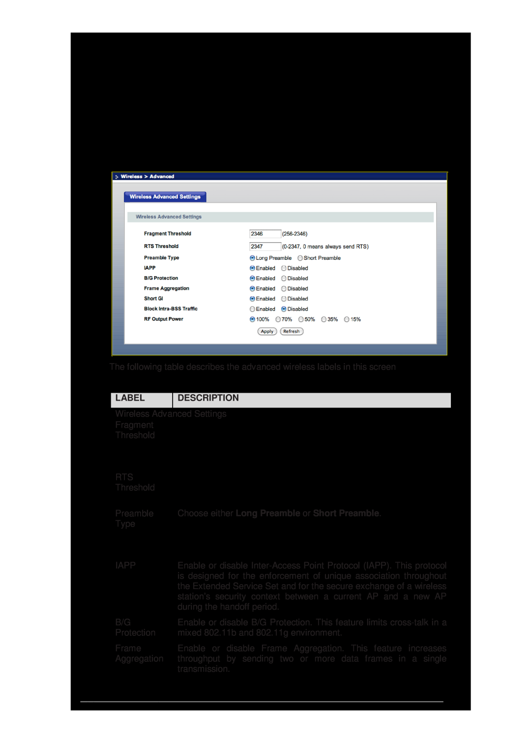 ZyXEL Communications wireless active fiber router manual Wireless Advanced Settings Screen, Label, Description 