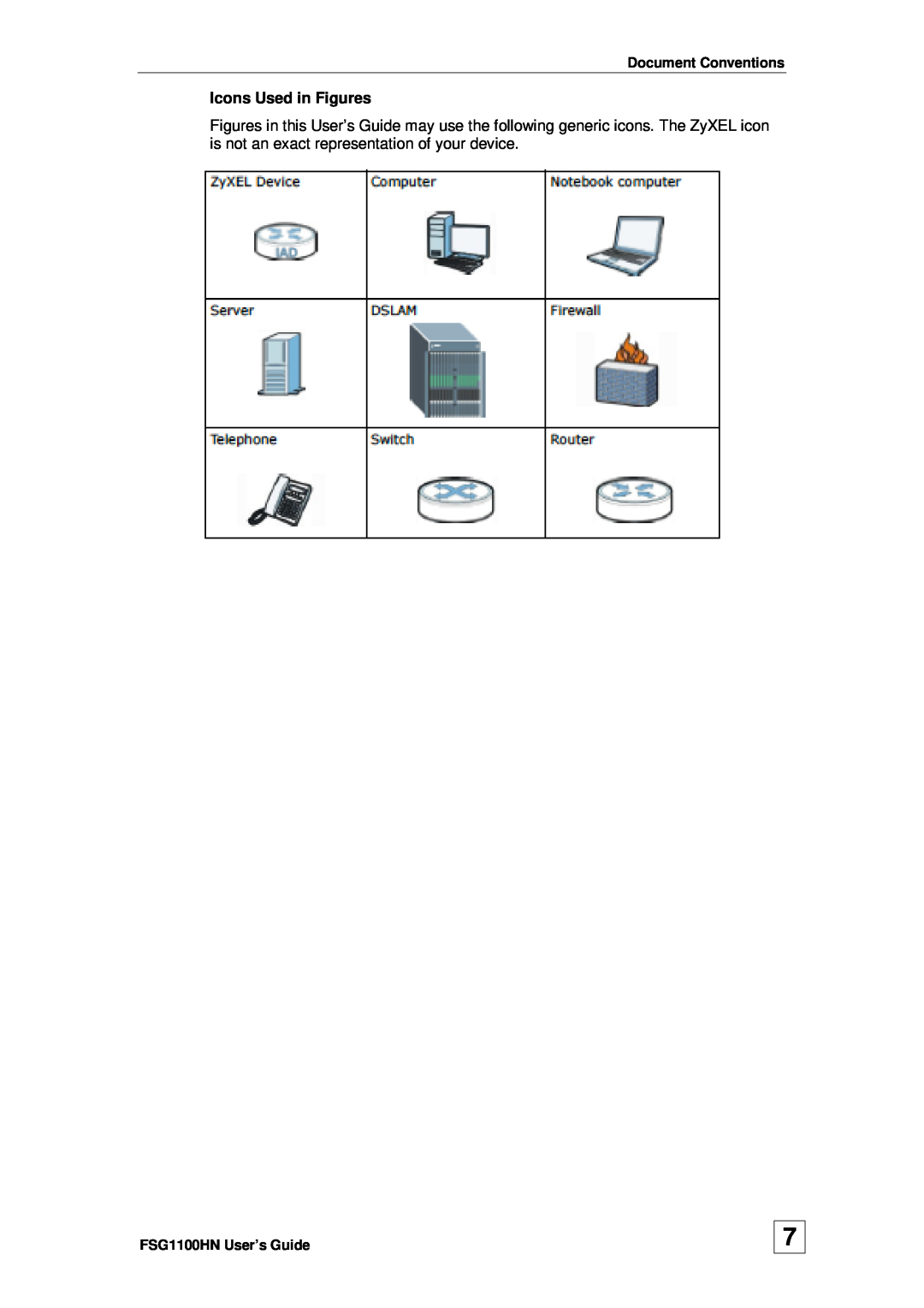 ZyXEL Communications wireless active fiber router Icons Used in Figures, Document Conventions, FSG1100HN User’s Guide 