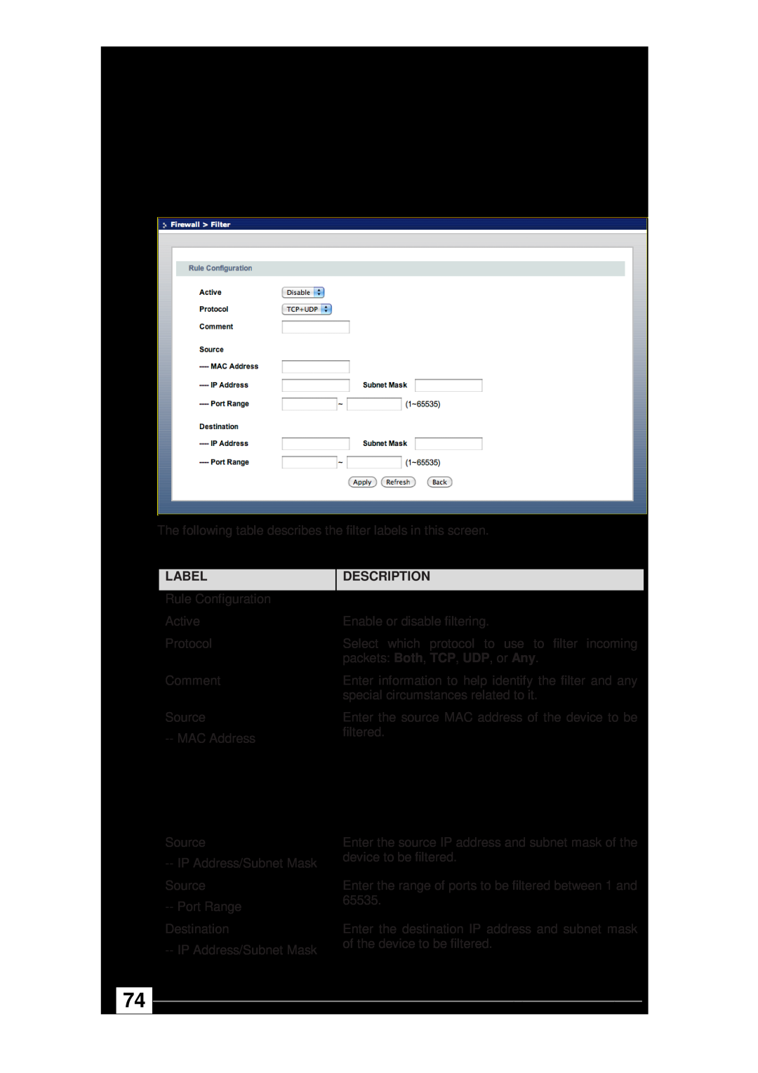 ZyXEL Communications wireless active fiber router manual Firewall Filter Add Screen, Label, Description 