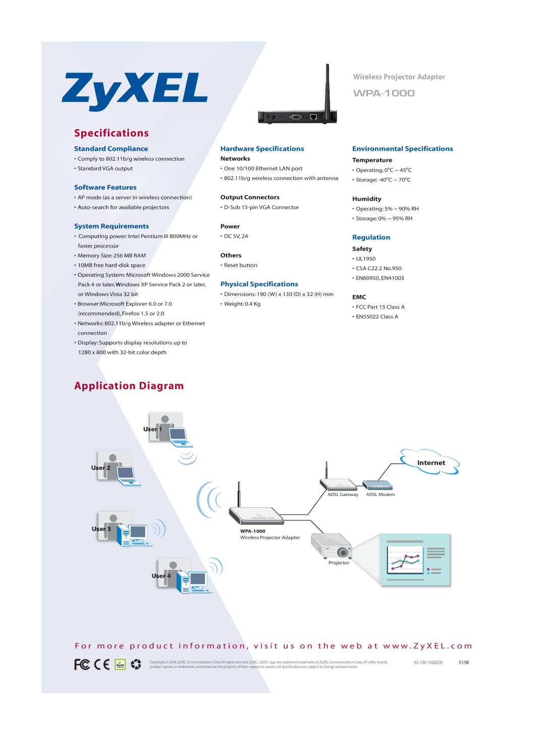 ZyXEL Communications WPA-1000 manual Specifications, Application Diagram 