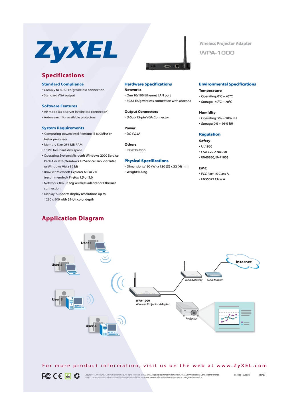ZyXEL Communications WPA-1000 Specifications, Application Diagram, Wireless Projector Adapter, Internet, Networks, Power 