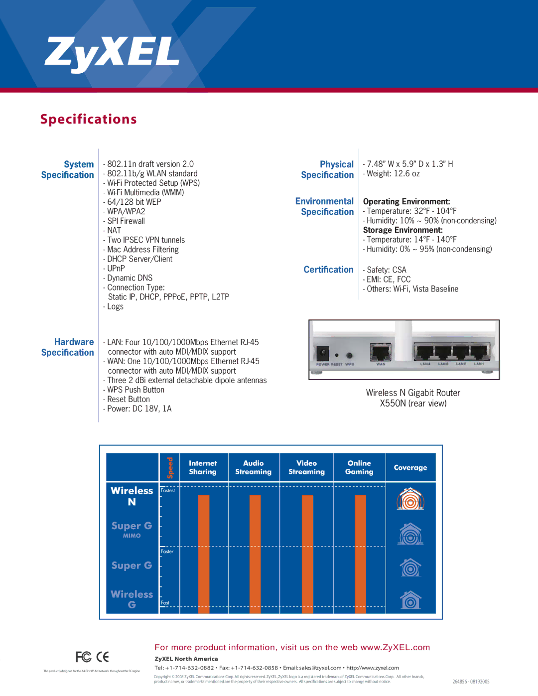 ZyXEL Communications X550N manual Specifications, Hardware Speciﬁcation 