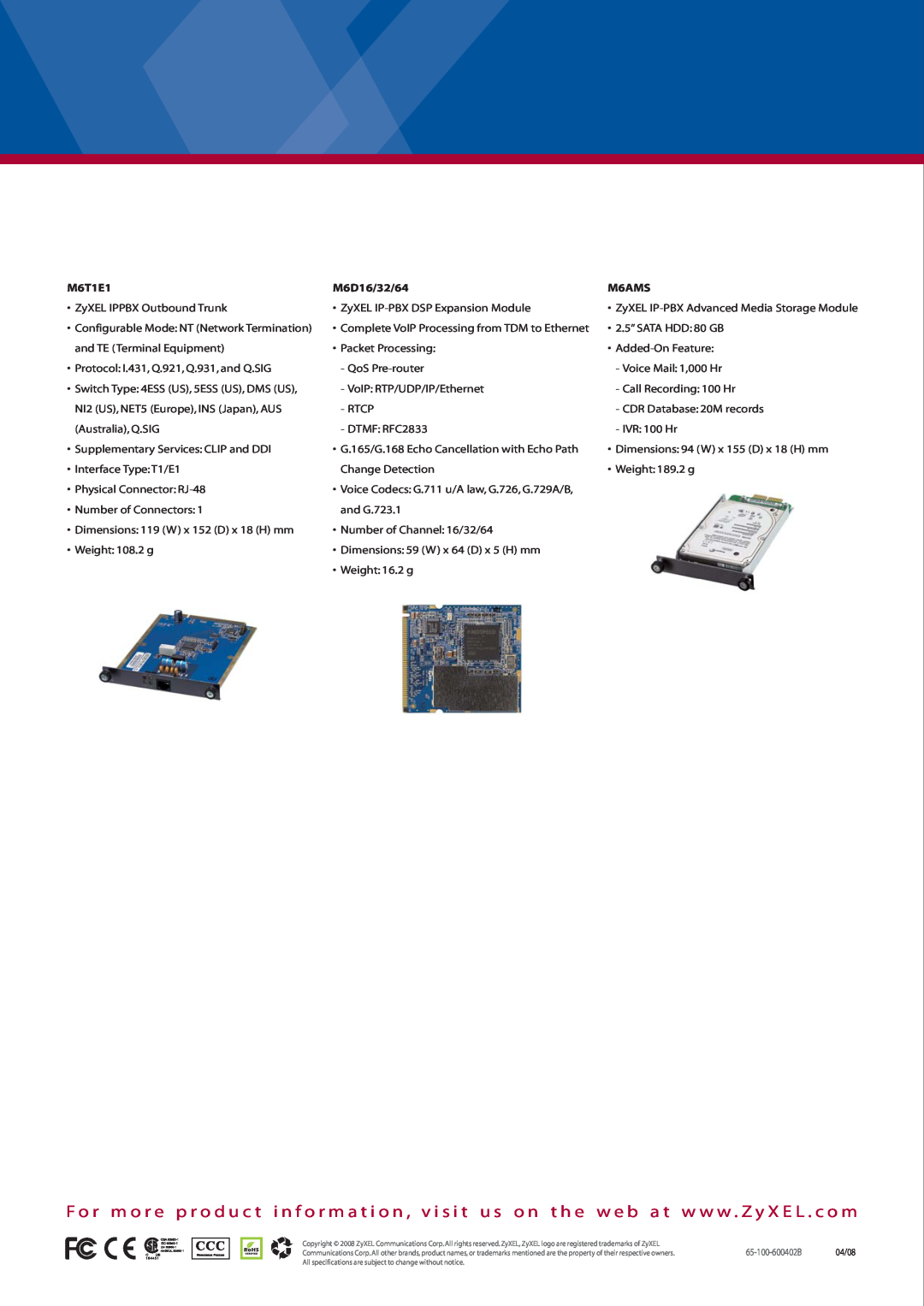 ZyXEL Communications X6004 manual M6T1E1, M6D16/32/64, M6AMS, ZyXEL IP-PBX Advanced Media Storage Module 