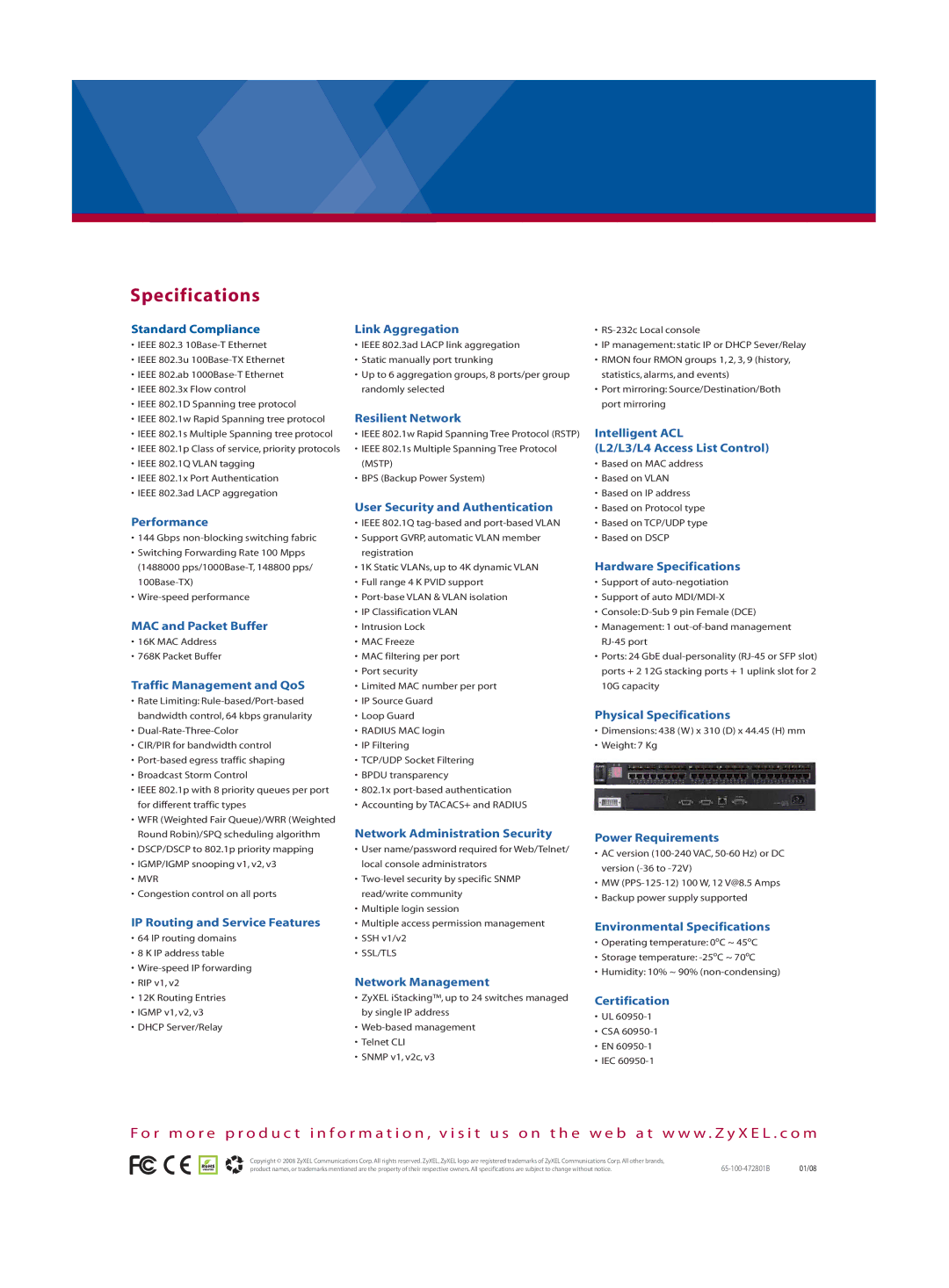 ZyXEL Communications XGS-4728F manual Specifications 