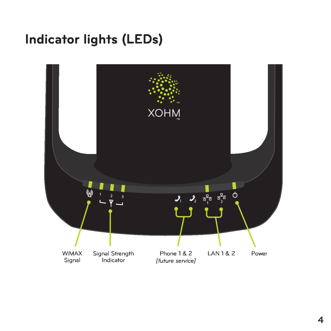 ZyXEL Communications XOHM manual Indicator lights LEDs, WiMAX, Lan, Signal Strength, Phone 1, Power, future service 