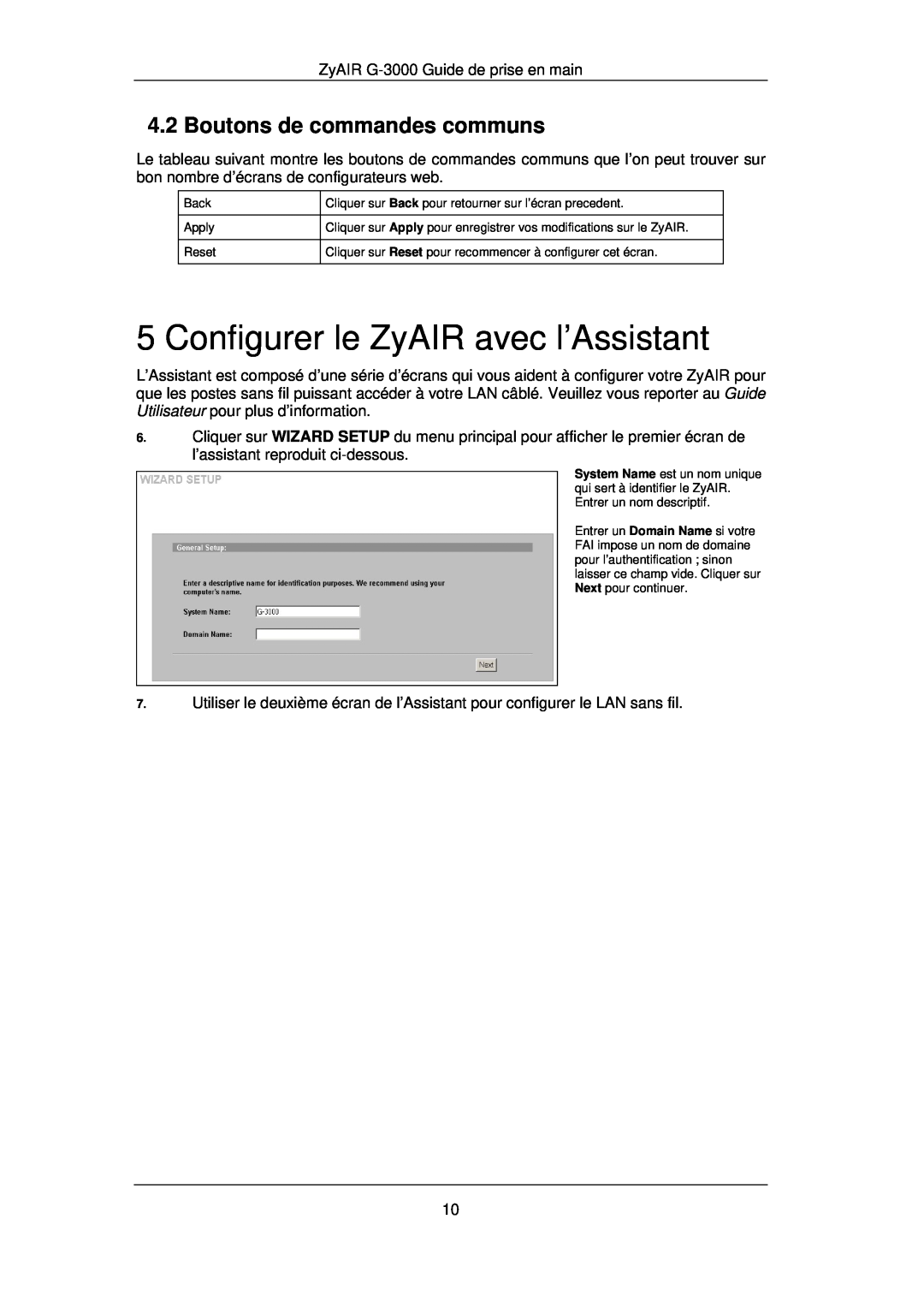 ZyXEL Communications Rpteur professional, ZyAIR G-3000 Configurer le ZyAIR avec l’Assistant, Boutons de commandes communs 